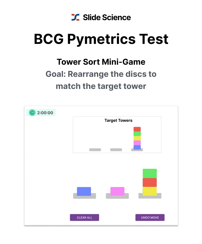 Screenshot of the BCG Pymetrics Test showing the Tower Sort mini-game